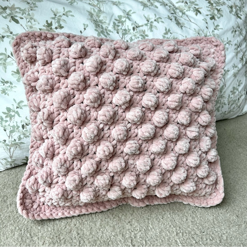 Handmade Bobble Pillow - Insert Included - Blush Pink Crochet Pillow Cover